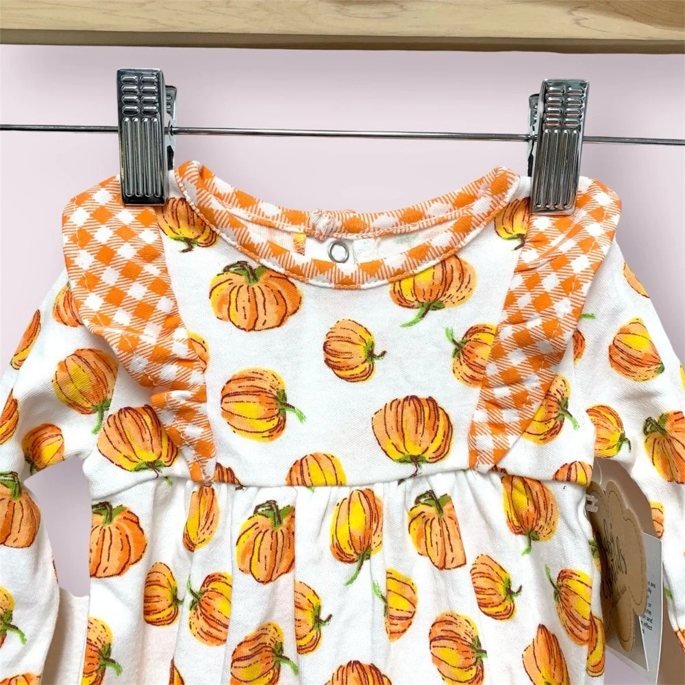 Fall Pumpkin Plaid Ruffle Romper 3 Months Thanksgiving One Piece Outfit NWT‎